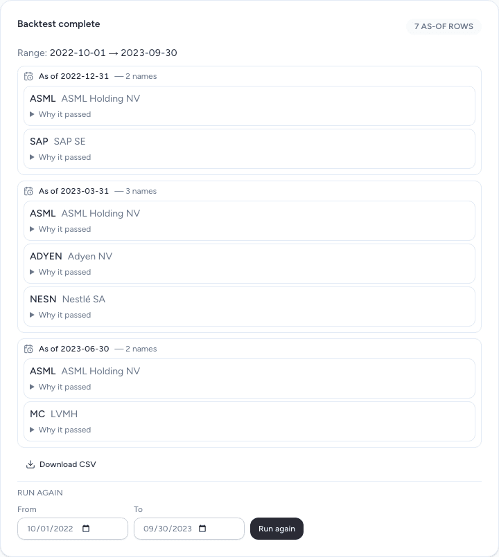 Backtest results grouped by as-of quarter with Why it passed links