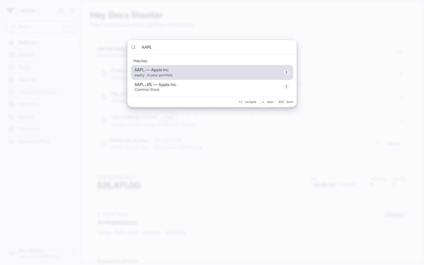 Ticker search results for Apple with portfolio and market listings