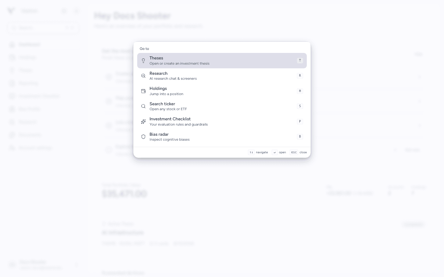 Search menu with shortcuts for Theses, Research, Holdings, and ticker search
