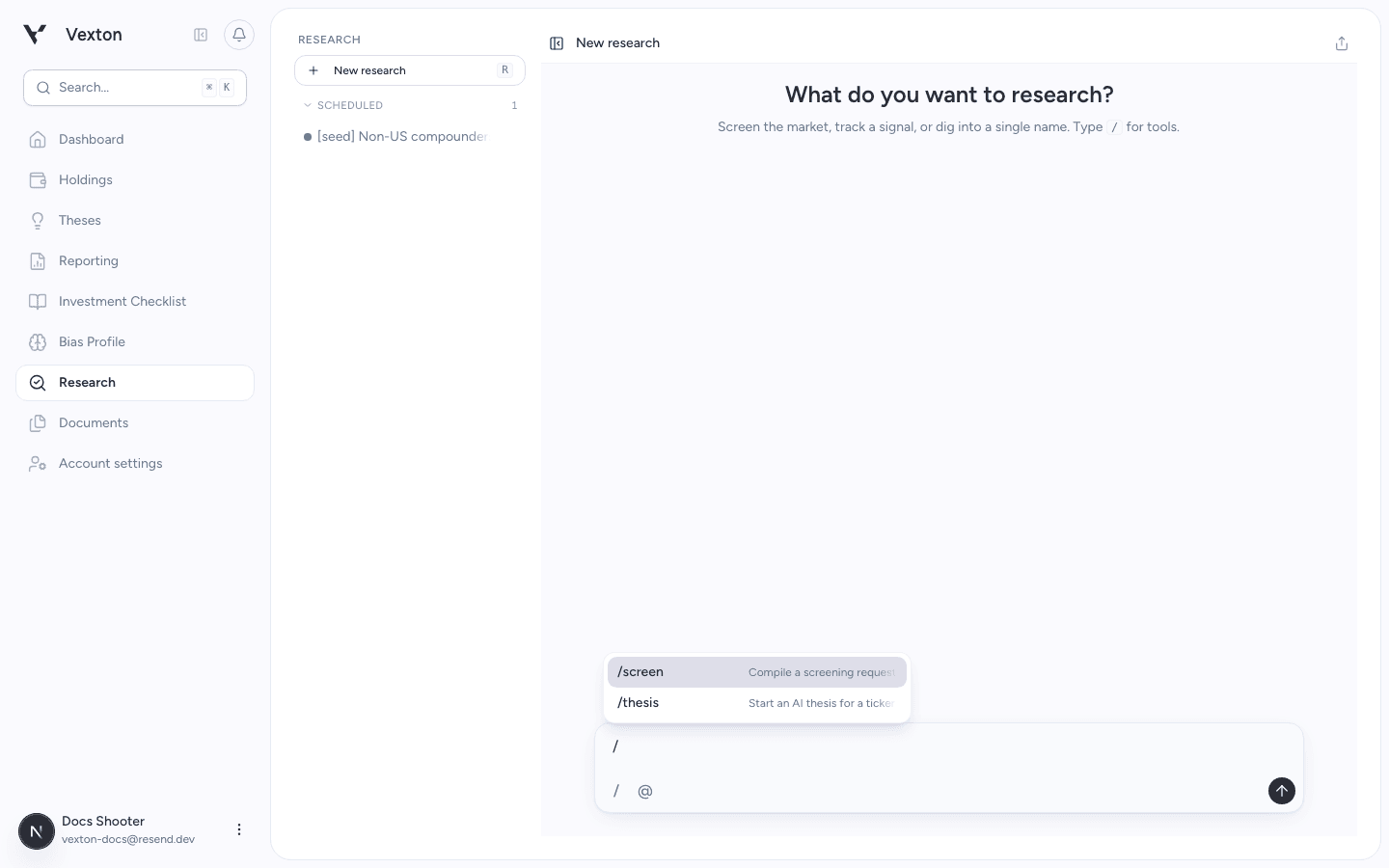 Slash command menu showing screen and thesis actions