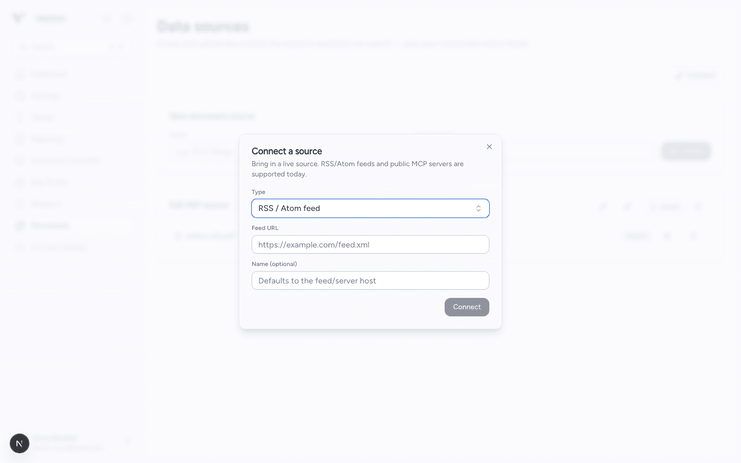 Connect a source dialog with type, URL, optional name, and Connect
