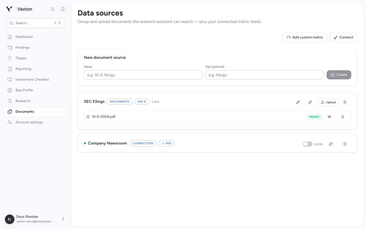 Connected RSS source with health dot, Cache toggle, refresh, and delete controls
