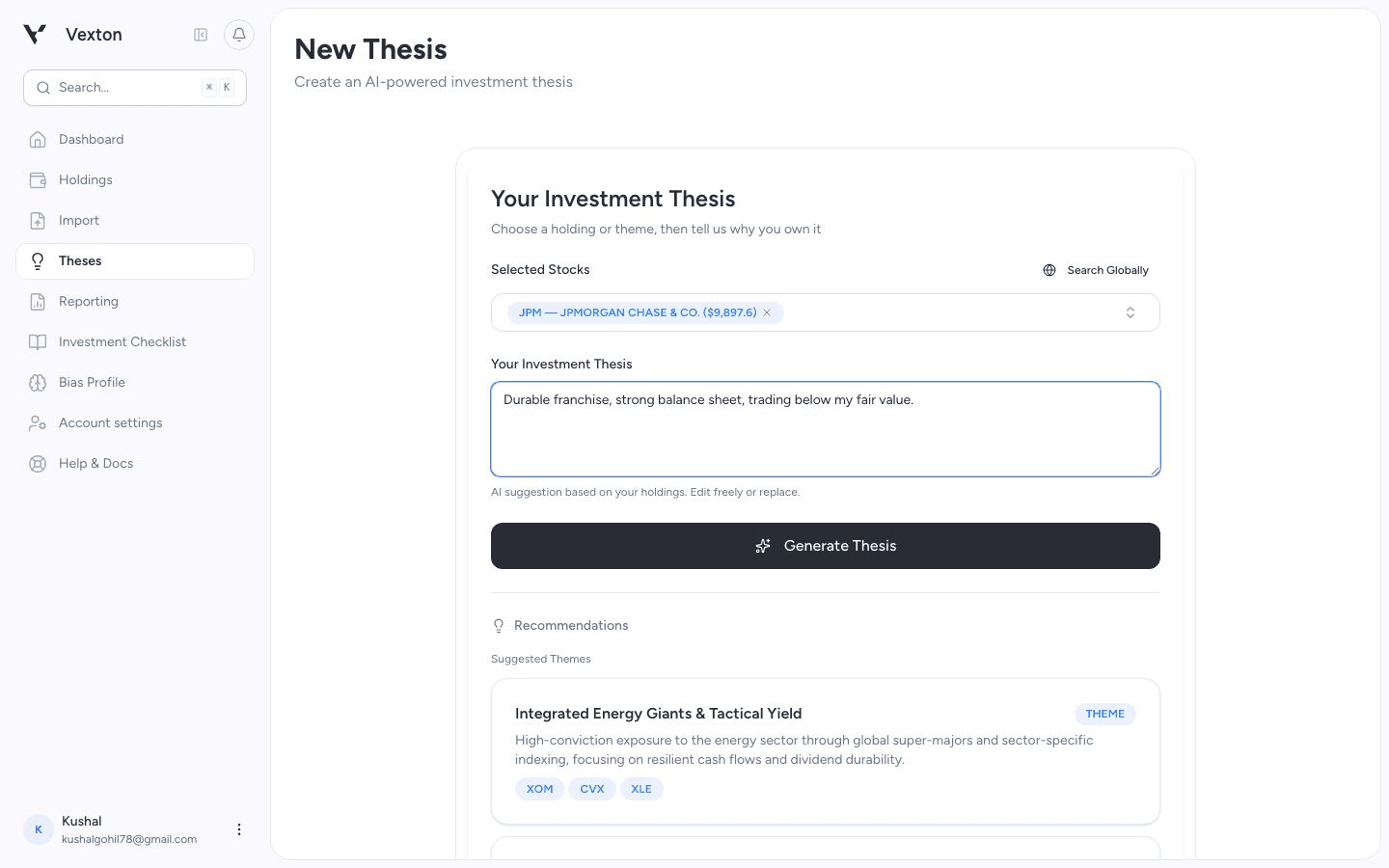 Selected Stocks, Search Globally, reasoning field, and Generate Thesis