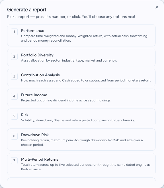 Report selection dialog showing Performance, Diversity, Contribution, and other choices