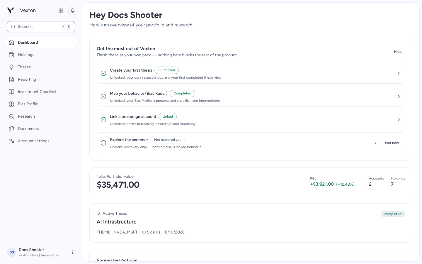 Dashboard with the Create your first thesis setup action