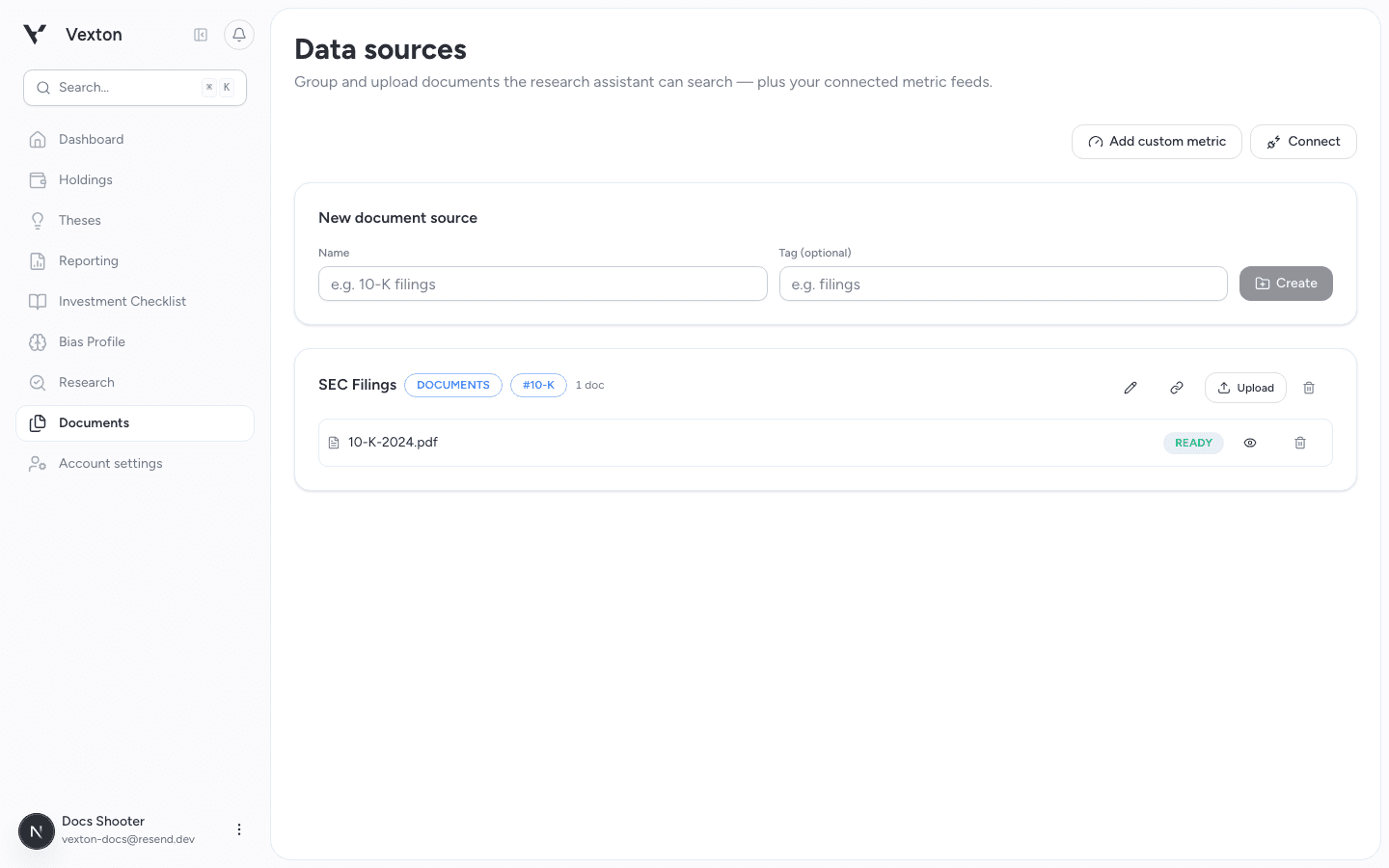 Data sources with a source form, Upload, and a ready document