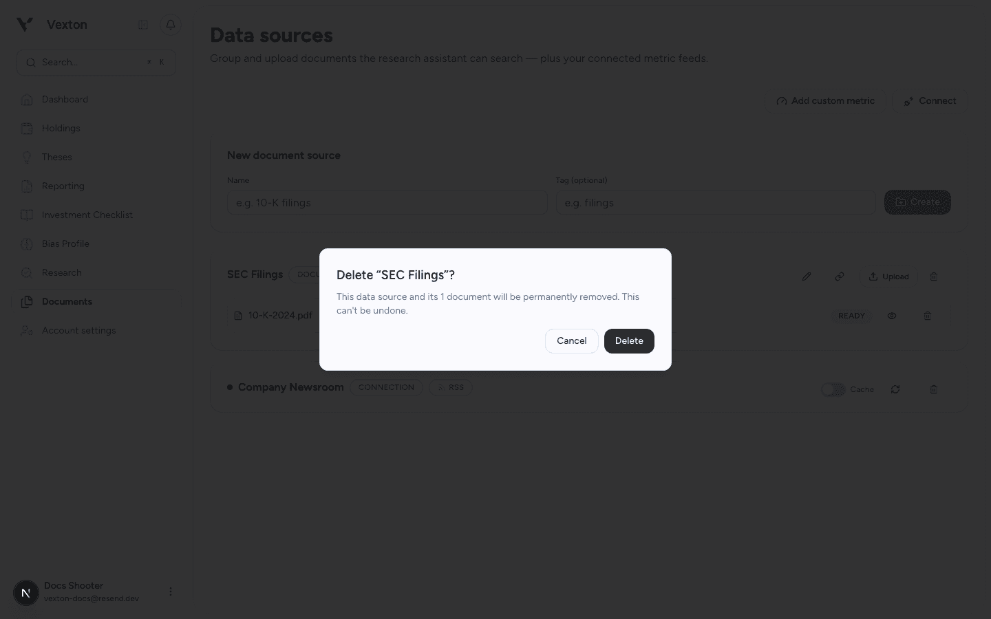 Delete source confirmation naming the source and document count