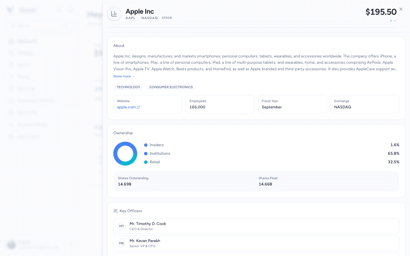 Asset drawer showing identity, company description, and ownership