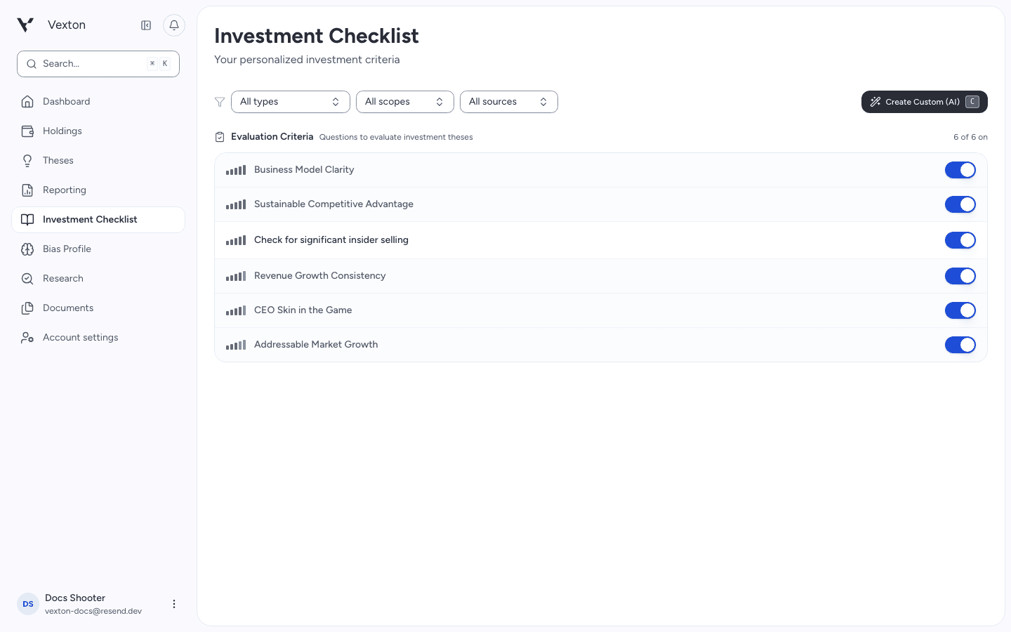 On/off toggles at the right of each checklist item