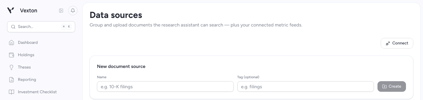 New document source form with Name, Tag, and Create controls