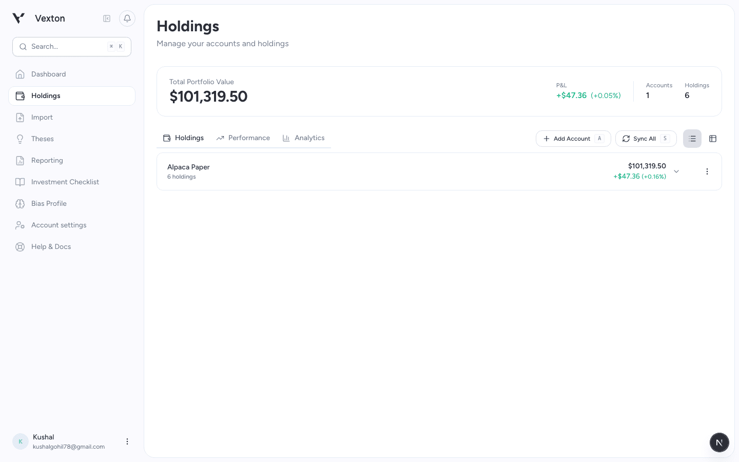 Add Account button above the account list in Holdings
