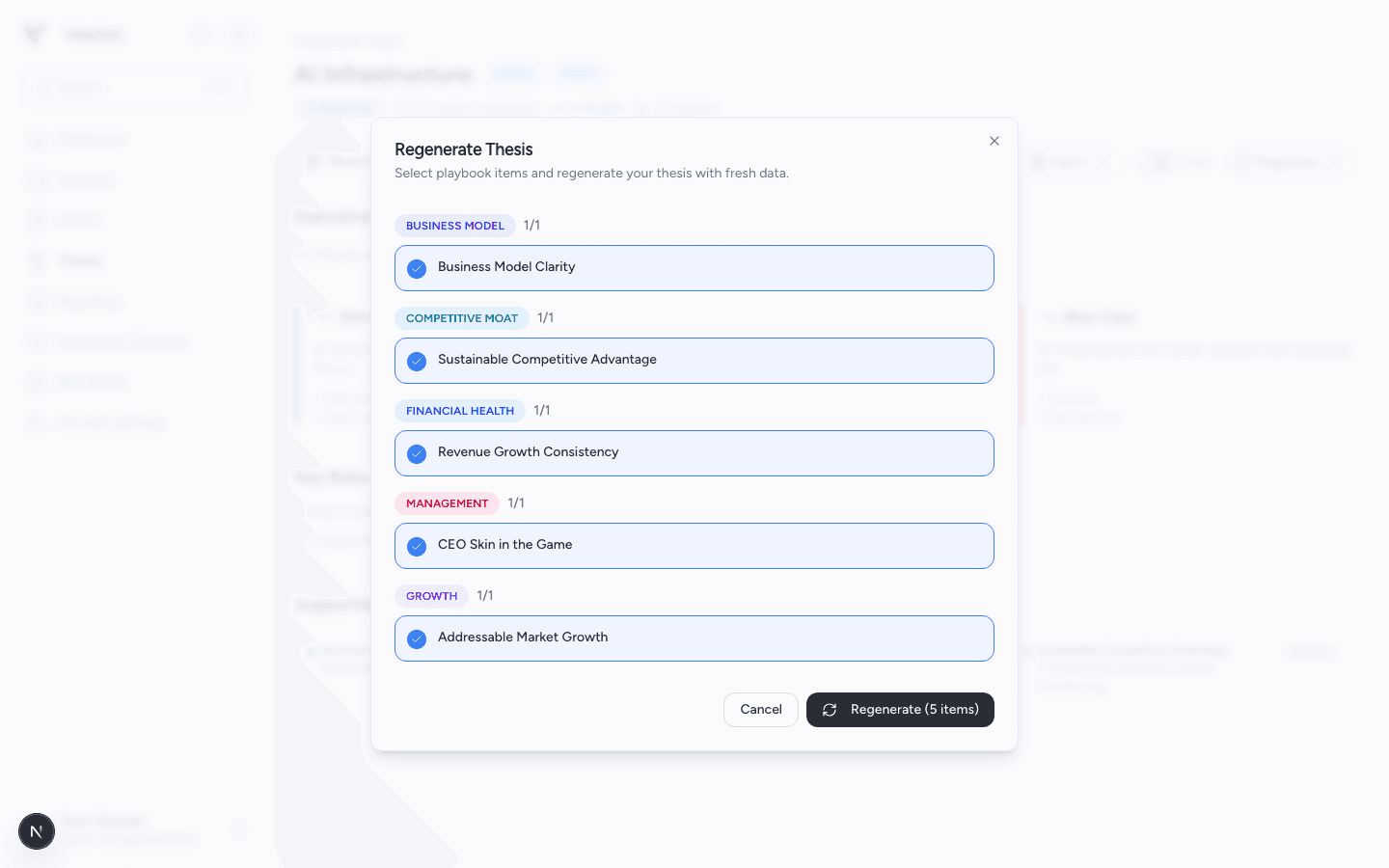 Regenerate Thesis dialog with selected research questions and a confirmation button