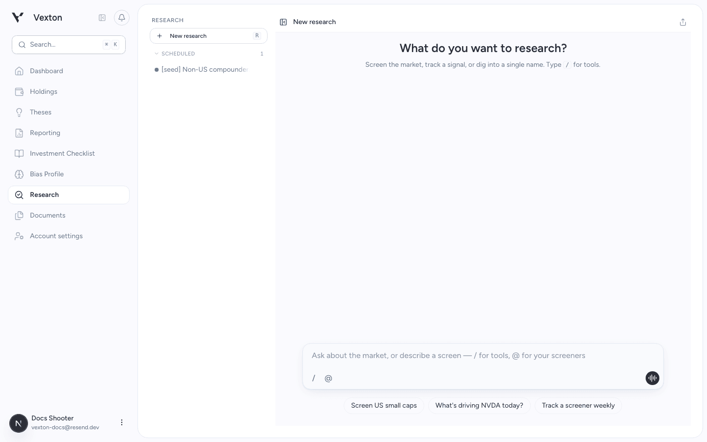 Research start screen with New research and a composer