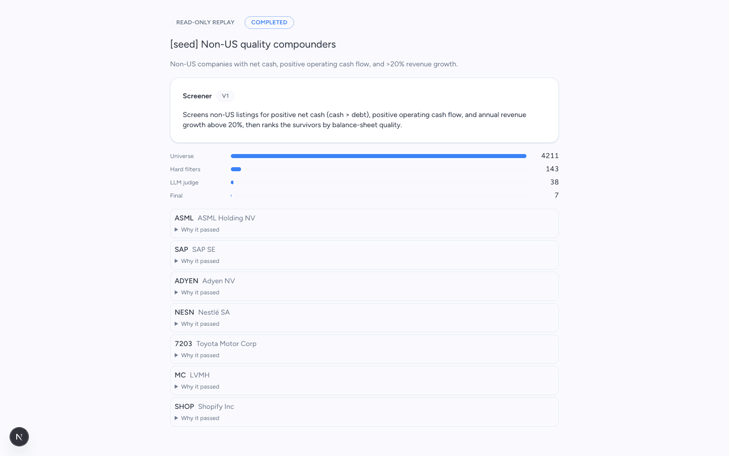 Example screener replay with filters, candidate counts, and expandable explanations