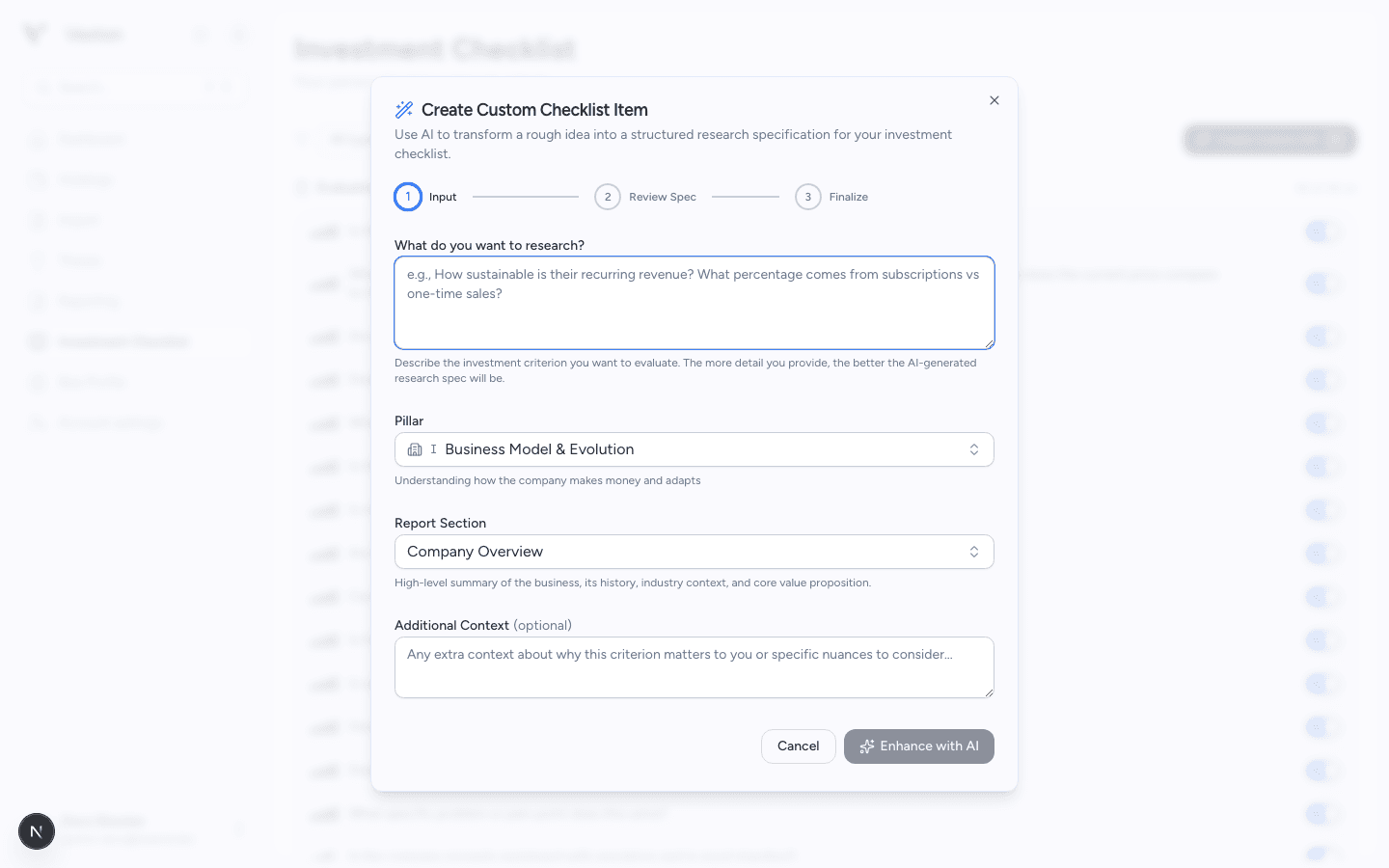 Custom checklist wizard with a research question, pillar, and context fields