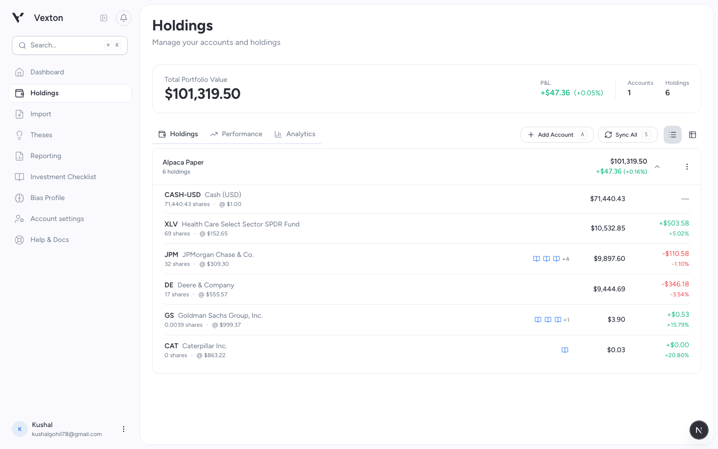 Connected account expanded to show positions and cash