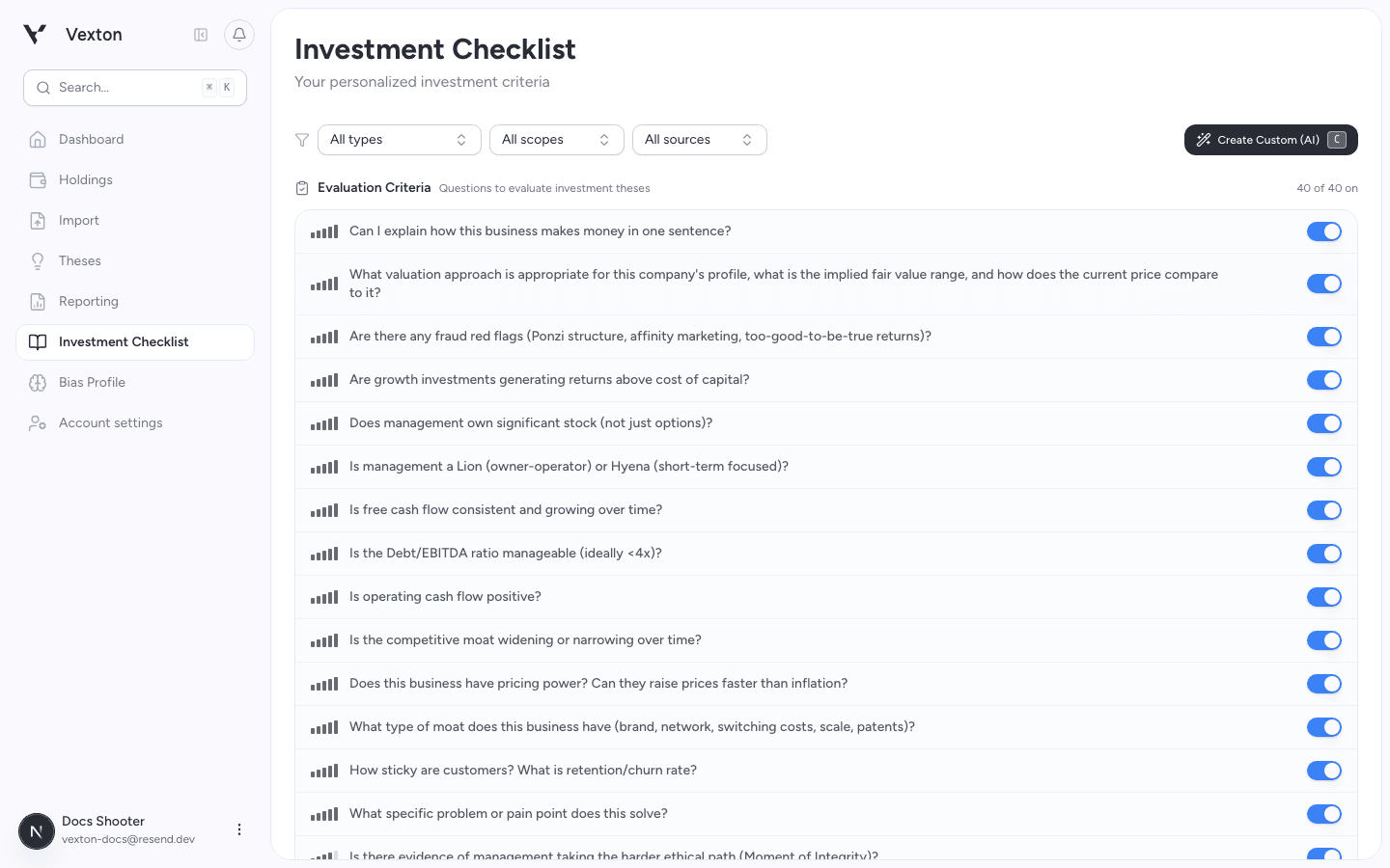Investment Checklist with filters, item toggles, and Create Custom